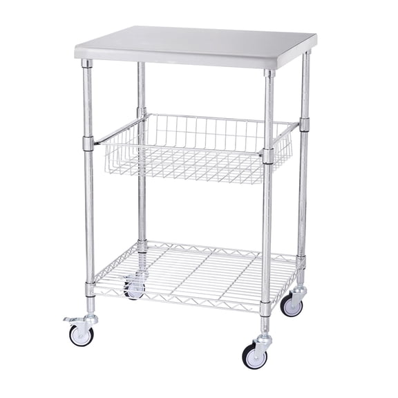 VEVOR Kitchen Utility Cart,3 Tiers, Wire Rolling Cart with 470LBS Capacity,Steel Service Cart on Wheels, Metal Storage Trolley with 76mm Basket Curved Handle PP Liner 6 Hooks, for Indoor and Outdoor