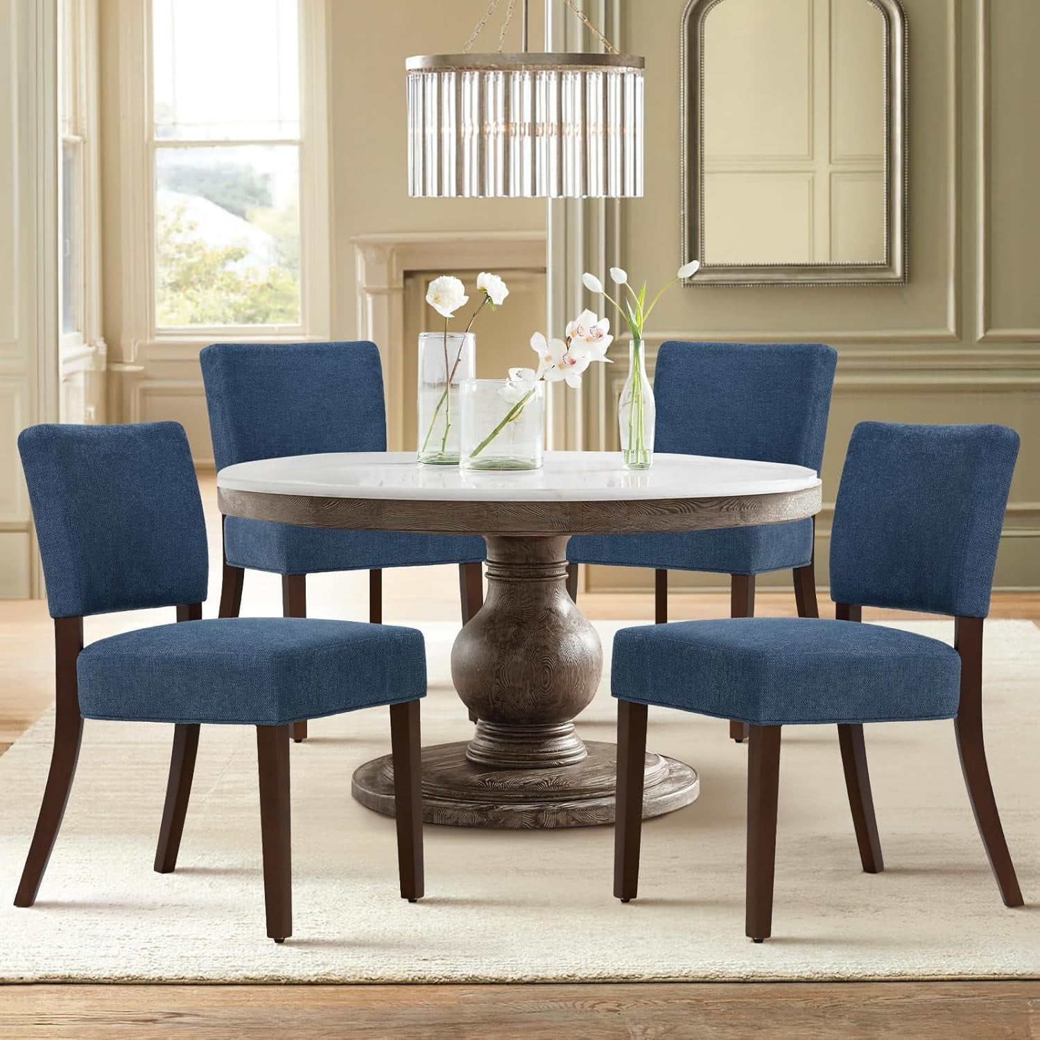 Mid Century Modern Dining Chairs Set of 4, Upholstered Kitchen Chairs with Back, Farmhouse Fabric Side Dining Room Chairs with Wood Legs for Dining Room Kitchen Restaurant, Blue