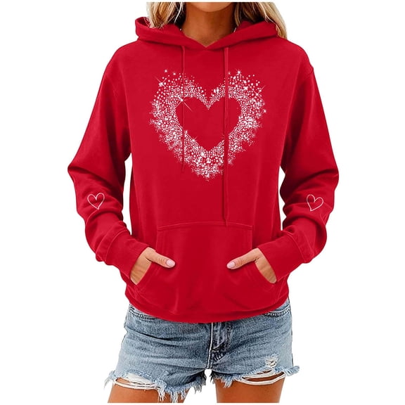 Valentines Day Hoodies for Women Casual Loose Pullover Sweatshirts Long Sleeve Red Sweater Tops with Pockets, 3XL
