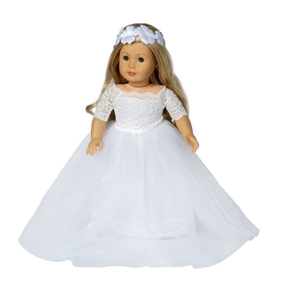 A-Waroom 1 Pcs 18 inch Doll Wedding Dress with Headband 18 inch Doll Dress White Mesh Lace Princess Dress for 18 inch Doll ﻿