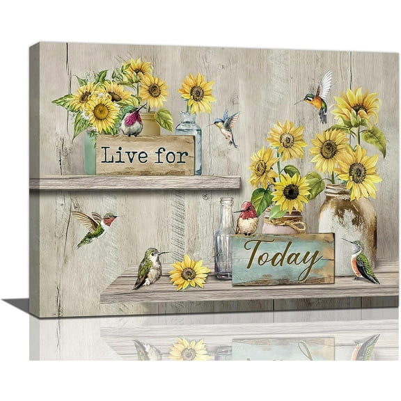 Sunflower Bathroom Decor Wall Art Farmhouse Sunflower Live for Today Wall Decor Rustic Floral Hummingbird Motivational Canvas Pictures Painting Framed Artwork for Living Room Kitchen 12"x16"