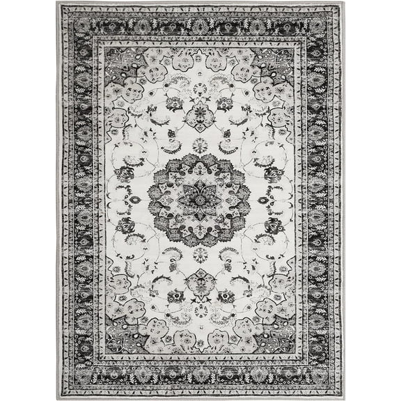 FunsLane Washable Vintage Area Rug - 5x7 Traditional Oriental Medallion Floral Design, Stain Resistant Indoor Print Carpet for Entryway Bedroom Living Room Office Kitchen, Kid & Pet Friendly, Grey