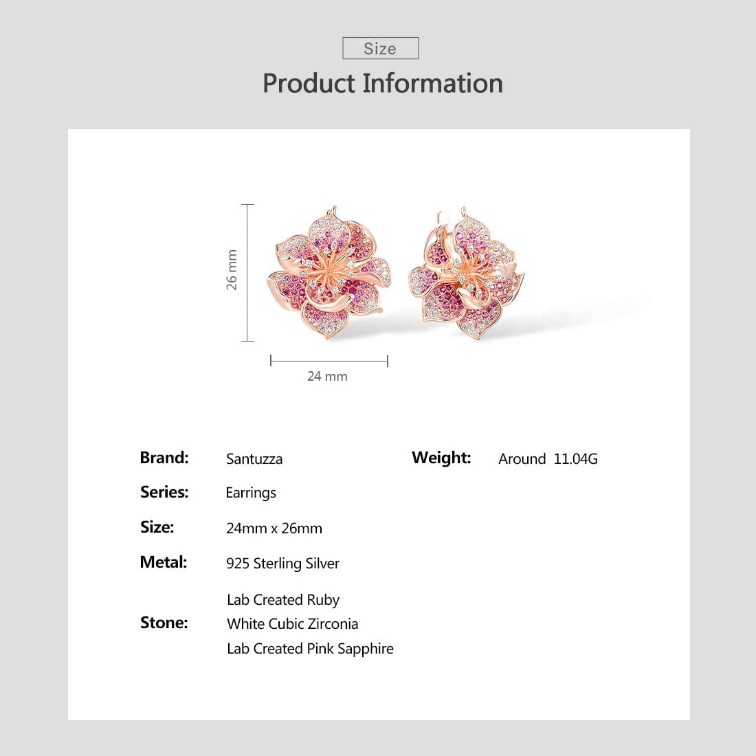 Santuzza 925 Sterling Silver Gemstone Flower Earrings Pink Sapphire Cubic Zirconia Hibiscus Dangle Earrings for Women
