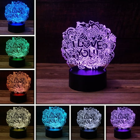 

3D I Love You Collage Desk Light - 7 Color LED Lamp Base with USB or Battery and Touch control Rotating Fade or Solid Color mode. Makes a perfect Nightlight for Kids or Unique Gift for any age.
