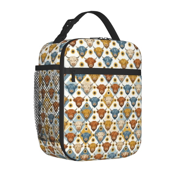 Highland Cow Insulated Lunch Box Chic Rustic Pattern Reusable Cooler Handbag with Front Pocket Portable Meal Prep Tote for Women Men Work Office