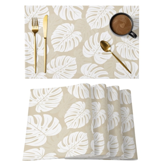Tropical Botanical Placemats Set of 8 Summer Rustic Monstera Leaves Beige Place Mats Indoor Wipeable Table Mats Washable Cloth Dining Table Placemats for Kitchen Holiday Party Home Decor 13x19 Inch