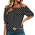 thumbnail image 2 of Yrmaups Polka Dot Off Shoulder Blouse for Women Plus Size, Ruffle Sleeve Flowy Pullover Top, Lightweight Summer Beach Vacation Daily Wear, Black L, 2 of 8