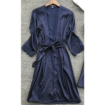 

Puloru Women Kimono Robe Dress Satin Silk Lace Sleepwear Nightdress