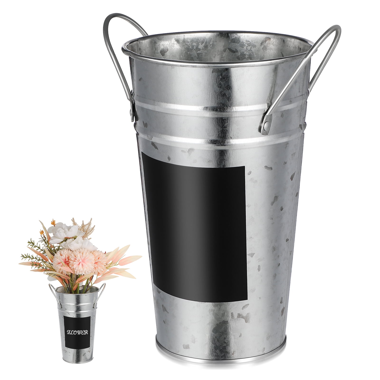 1Pc Iron Sheet Flower Bucket with Waterproof Blackboard Sticker Hydroponics Flower Container Garden Planter Display Flower Tub for Flower Shop Silver (20cm Height)
