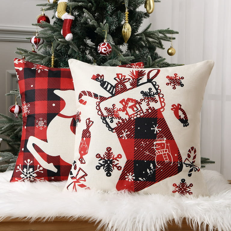  Lewondr Christmas Pillow Covers, 18x18 Set of 4 Soft Velvet Throw  Pillow Covers Decorative Square Pillow Covers with Bells Christmas Tree  Moose Socks Patterns for Sofa Bedroom Car Office, Red 