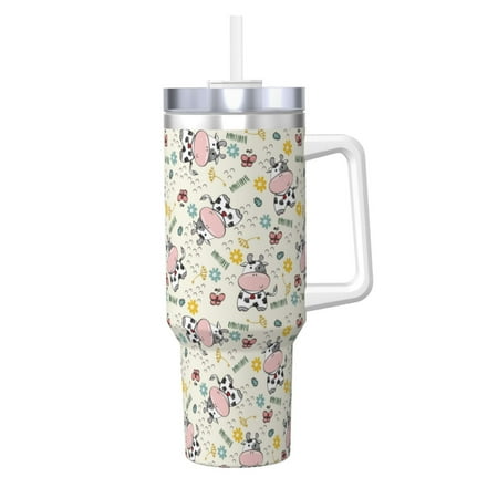 

Fuzoiu Cute Cow Print 40OZ Ice Bully Stainless Steel Insulated Cup with Handle and Straw - Perfect for Travel and Sports