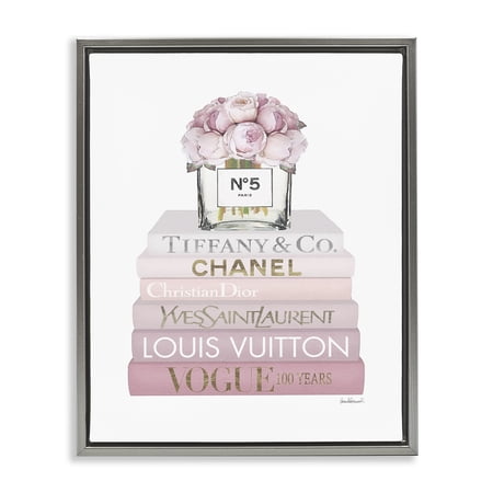 Stupell Industries Pink Rose Bouquet Bookstack Beauty & Fashion Painting Gray Floater Framed Canvas Art Print Wall Art  17 x 21