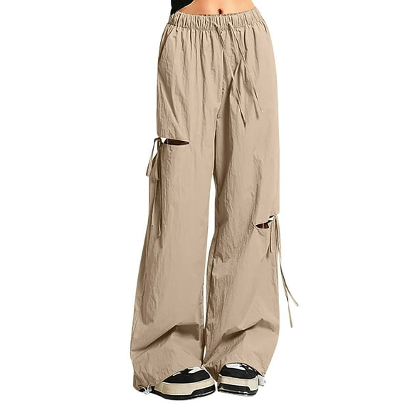 Fgnfyis Girls Asymmetric Distressed Wide Leg High Waist Loose Fit Cargo Pants for Teen Casual Outdoor Summer Comfortable Versatile Styling Khaki 15-16 years