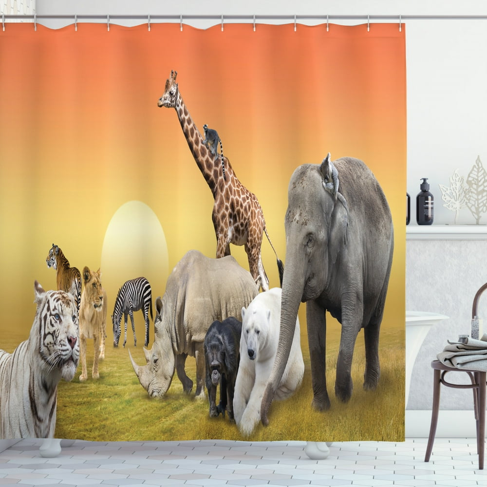 Safari Shower Curtain, Photo of Wildlife Animals with Ombre Sunset ...