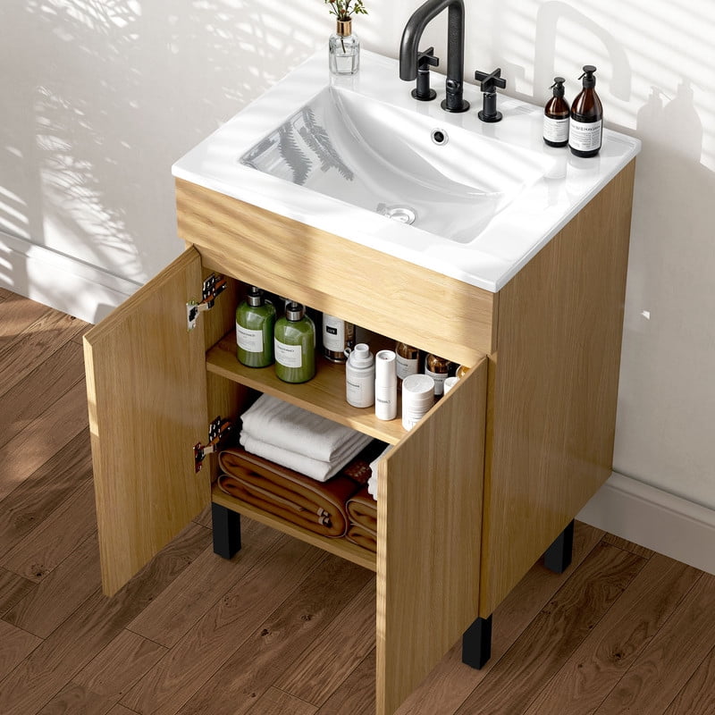 Uforic 24" Bathroom Vanity with Undermount Sink, Modern Free Standing Bathroom Storage Cabinet with Soft Close Door, Brown