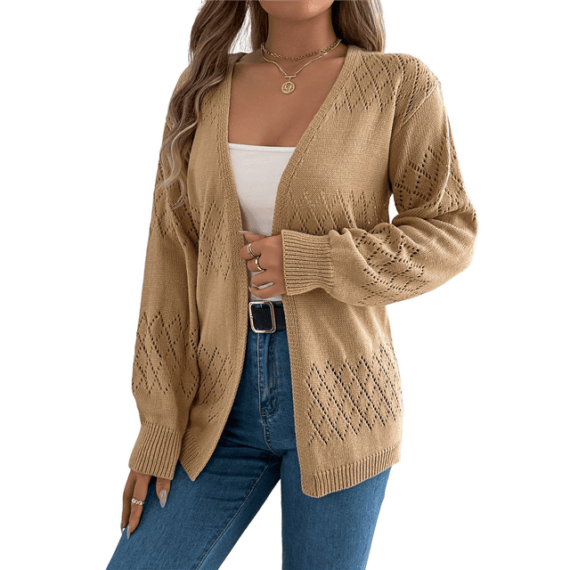 Crochet Cardigan for Women Long Sleeve Open Front Knit Oversized Cardigan Sweaters Khaki S