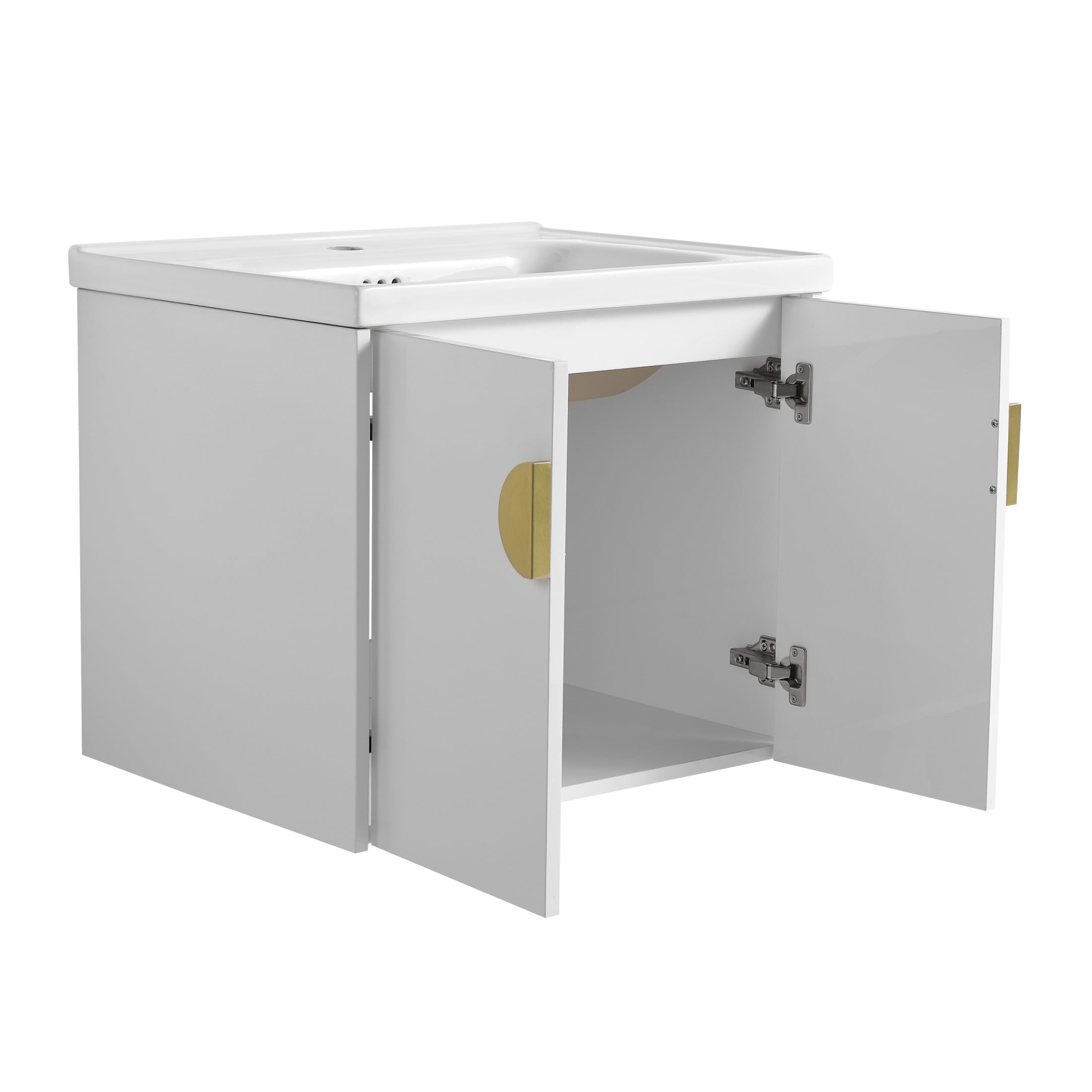 Noble House 24" Wall-Mounted Bathroom Vanity, Soft-Close Doors, Ceramic Sink, Metal Handles, Eco Plywood, Gloss White