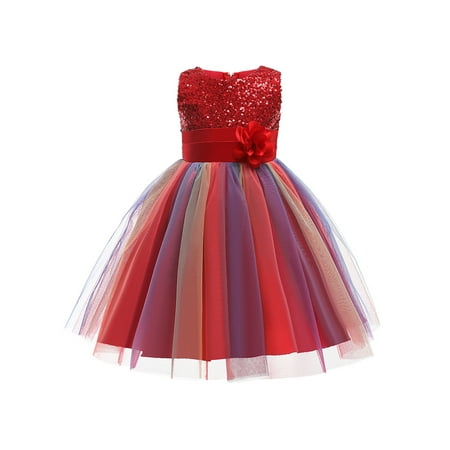 

Canrulo Kids Girls Formal Dress Flower Sequins Round Collar Sleeveless Princess Dress Red 4-5 Years