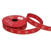 Holiday Time Gift Wrap Fabric Ribbon, Red with Gold Snowflake, 5/8"/25'