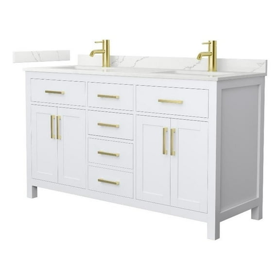 Beckett 60" White Double Vanity & Giotto Quartz Top (1-Hole) & Gold Trim
