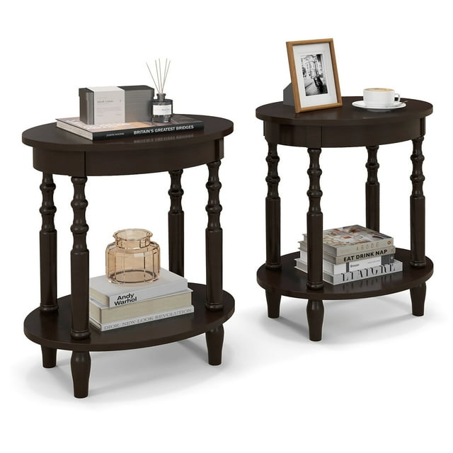 Gymax 2 PCS 2-Tier End Table Oval Compact Sofa Side Nightstand w/ Storage Shelf