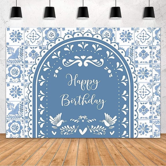 Mexican Happy Birthday Backdrop Blue Mexican Papel Picado Backdrop Banner Fiesta Themed Photography Background for  Birthday Party Fiesta Supplies