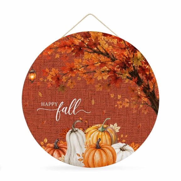 Welcome Sign for Front Door, Happy Fall Round Metal Wall Art Wreaths, Vintage Red Maple Tree Pumpkins Thanksgiving Outdoor Indoor Wall Hanging Sign for Porch Decor Housewarming Gifts 11.8 Inch