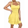 thumbnail image 2 of Women'S Halter Ruffle Hem Mini Dress Ruched Waist Corset Short Party Dresses Light Yellow S, 2 of 10