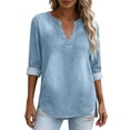thumbnail image 2 of Miqool Women's Washed Denim Tunic Tops 3/4 Sleeve V-Neck Loose Fit Jean Blouse Casual Roll-Up Sleeve Everyday Shirts, 2 of 9