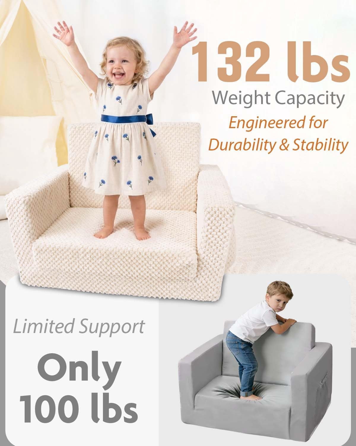 Beavtaens Foldable Toddler Couch with Soft Sherpa Cover, 2-in-1 Comfy Toddler Sofa & Lounger for 1-3 Years Old Girls Boys, Kids Chair with Pockets & Handle for Reading, Playroom, Beige
