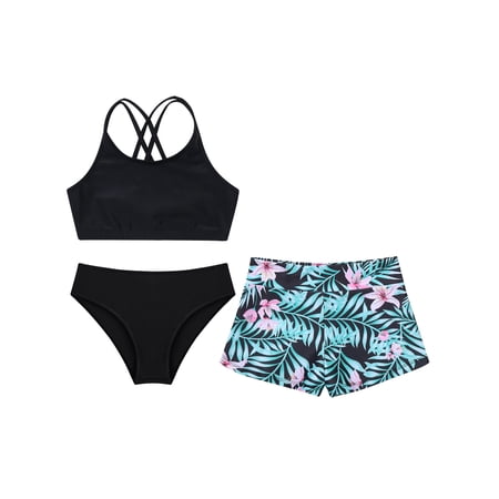 MSemis Big Girls 3 Piece Swimsuit Tankini Floral Print Bathing Suit Swimwear Size 8-16 Lily 16