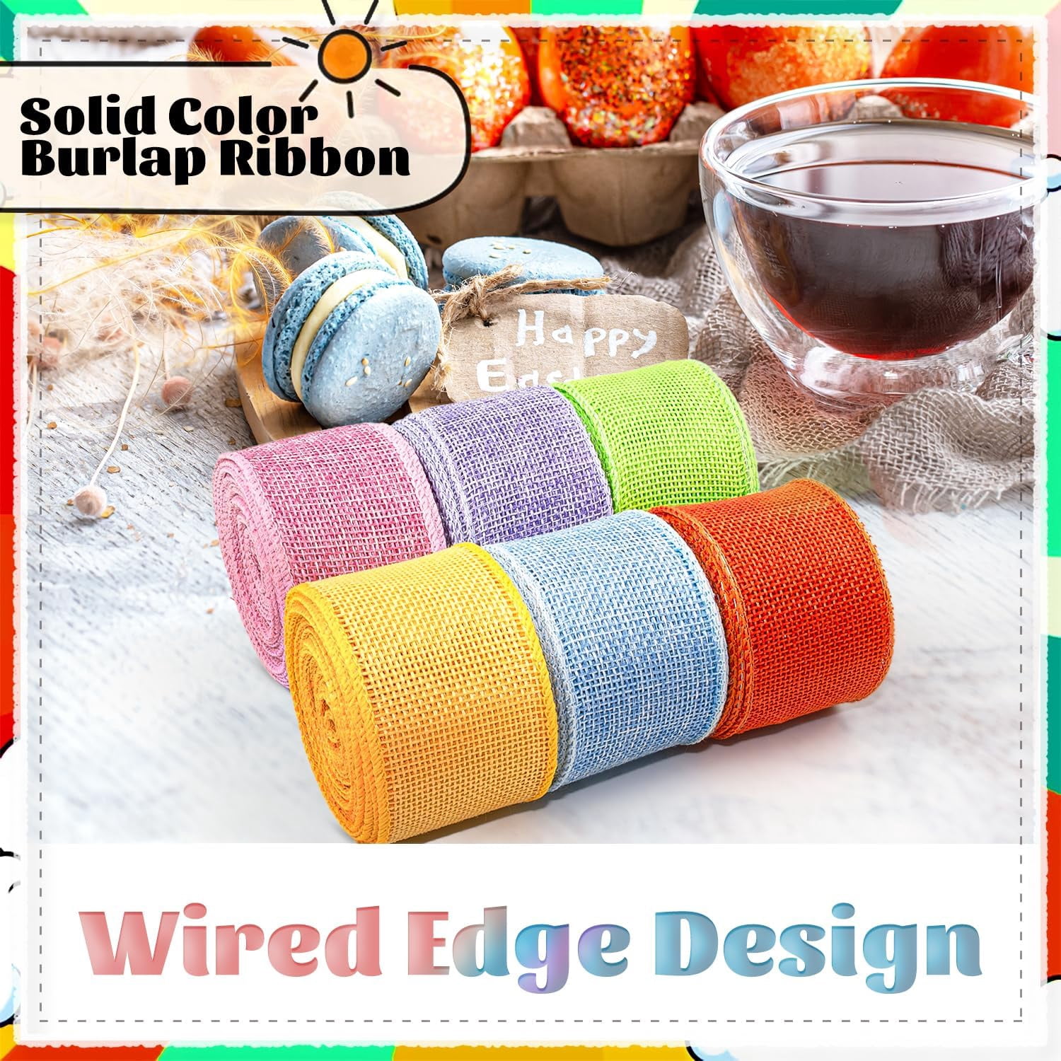 NANAHuang Burlap Ribbon Wired Ribbon 2 Inch Wide Burlap Wired Ribbon 6 Rolls 30 Yards Solid Fabric Metal Wire Edge Ribbon for Crafts Gift Wrapping Wreaths Bows Making E Decorations