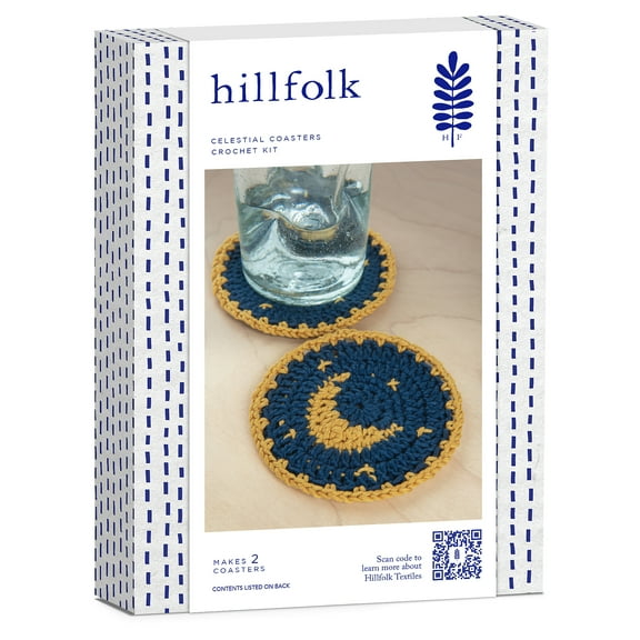 Hillfolk Crochet Moon Coasters Kit- Includes Crochet Hook, Yarn, And Instructions. Makes Two Coasters, Approximately 5" Each.