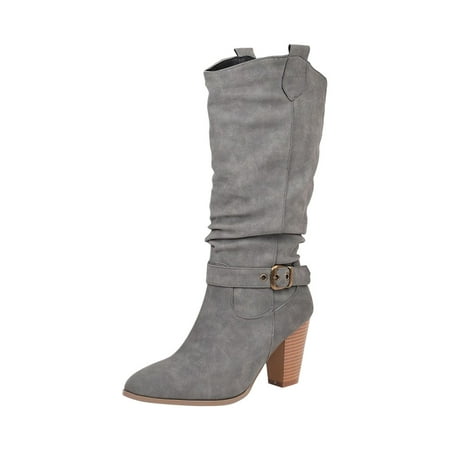 

Boots for Women Clearance Deals! Verugu Western Cowboy Low Heel Comfort Bootie Combat Boots for Women Women Winter Warm High Heel Slip-on Mid-calf Belt Buckle Casual Cowboy Knight Boots Gray 43