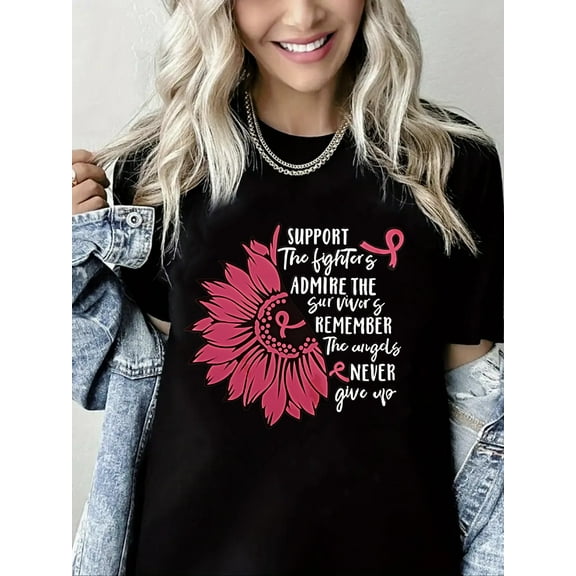 Breast Cancer Awareness Tshirt Support The Lights Admire The Survivers Print Short Sleeve Shirt for Women