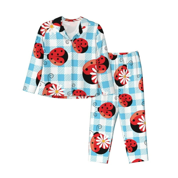 Balery Flowers and Lady Bugs Conjunto de Pijama con Estampado para Mujer, Conjunto de Dos Piezas con Manga Larga, Ropa de Dormir Suave con Bolsillos, Pijamas Cómodos-Large