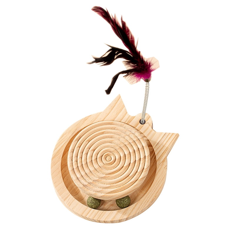 3-in-1 Natural Wood Cat Toy: Interactive Spinning Disk + Detachable Feather Wand + Catnip Balls – Safe, Paw-Friendly Indoor Cat Enrichment