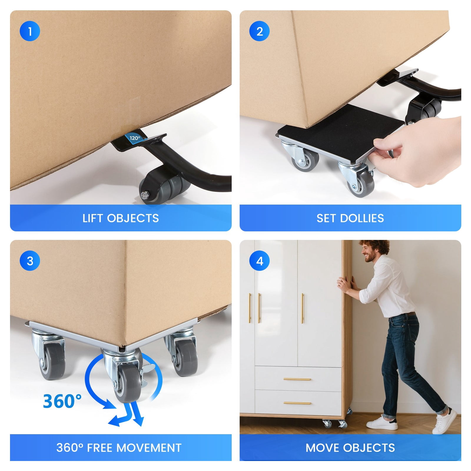 Furniture Movers, Heavy Furniture Moving Dolly Sliders & Lifter Tool Set, 5 Universal Wheels, 5.3 in x 5.3 in, Silver