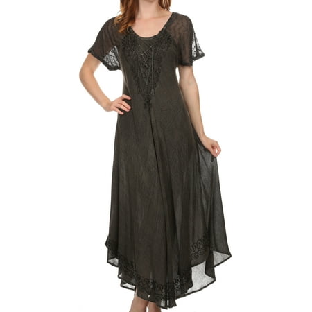 Long Sleeve Caftan - Sakkas Egan Long Embroidered Caftan Dress / Cover Up With Embroidered Cap Sleeves - black - One Size Regular