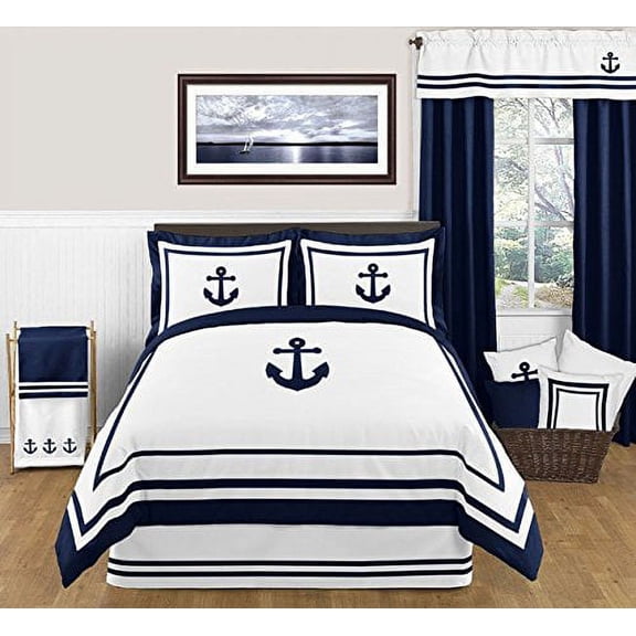 Sweet Jojo Designs Anchors Away Blue and White Full/Queen Bed Comforter 3 Piece Bedding Set
