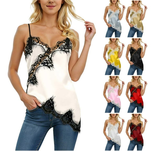 TTUHYWXI Women Lace Trim Satin Tank Top V Neck Silk Camisole Tops Asymmetrical Backless Spaghetti Strap Tank Cami Shirts (Beige, M)