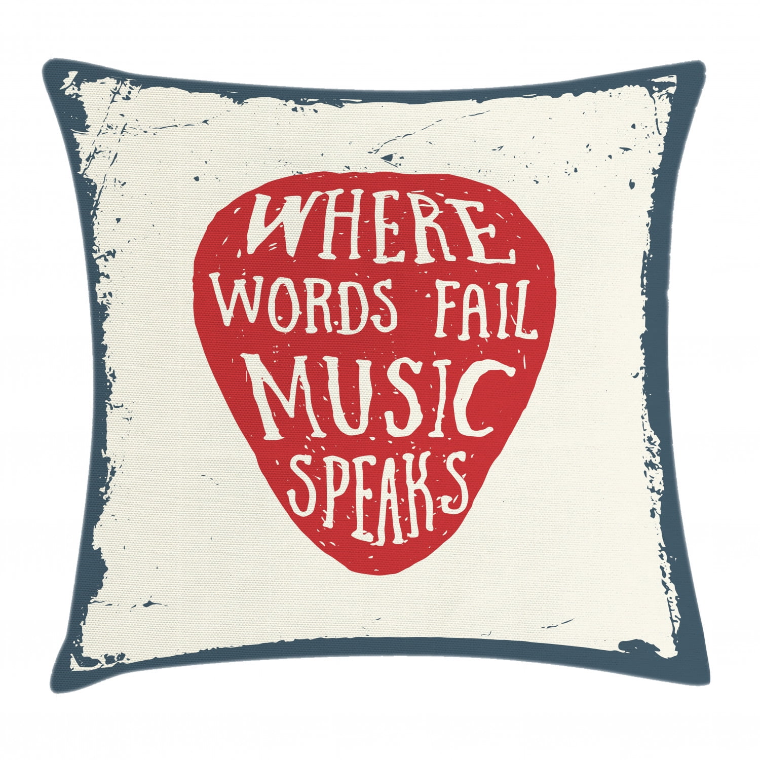 Rock Music Throw Pillow Cushion Cover, Where Words Fail Music Speaks Quote Musical Slogan Hand Drawn Pick, Decorative Square Accent Pillow Case, 16 X 16 Inches, Beige Red Slate Blue, by Ambesonne