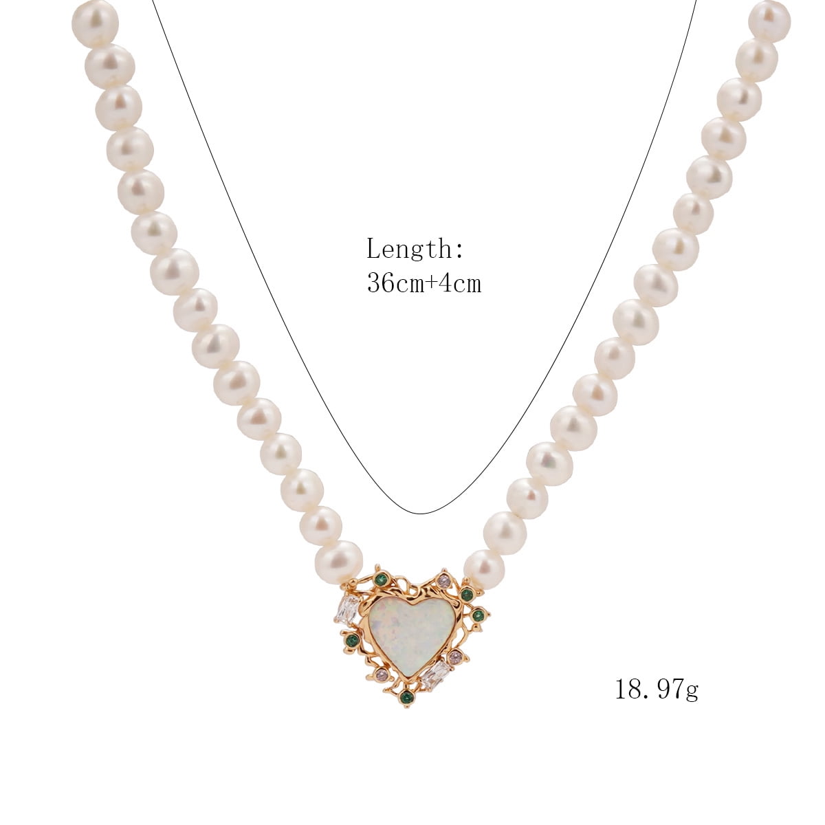 Pearl & Opal Heart Necklace with Zirconia, 14K Gold Plated 925 Sterling Silver,Adjustable Chain Romantic Birthstone Jewelry Gift for Women