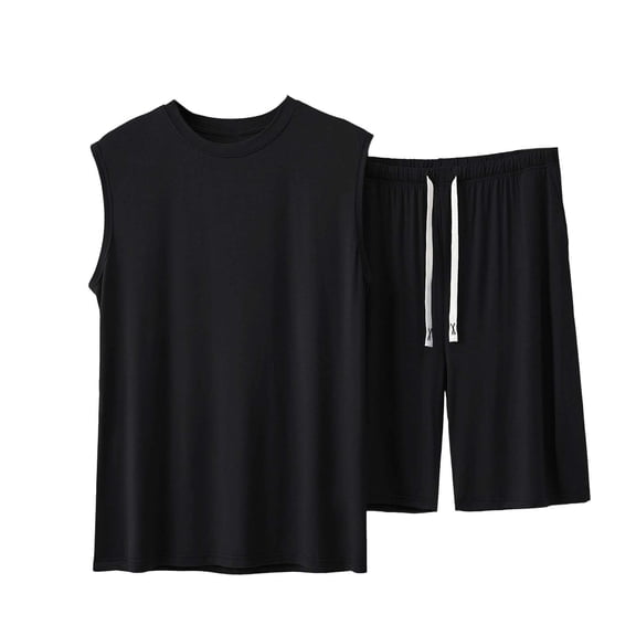 Track Sets for Men 2 Piece Round Neck Sleeveless Shirts And Drawstring Baggy Elastic Waist Shorts Summer Cotton Comfy Workout Sets Black L
