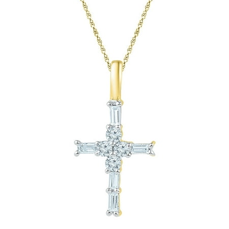 - 10kt Yellow Gold Womens Baguette Diamond Cross Pendant 1/4 Cttw