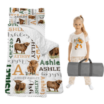 Personalized Toddler Nap Mat for Preschool Girls and Boys, Extral Large Sleep Mat with Blanket for Daycare Kindergarten, Lightweight Kids Sleeping Bag for, Dark Green Highland Cows