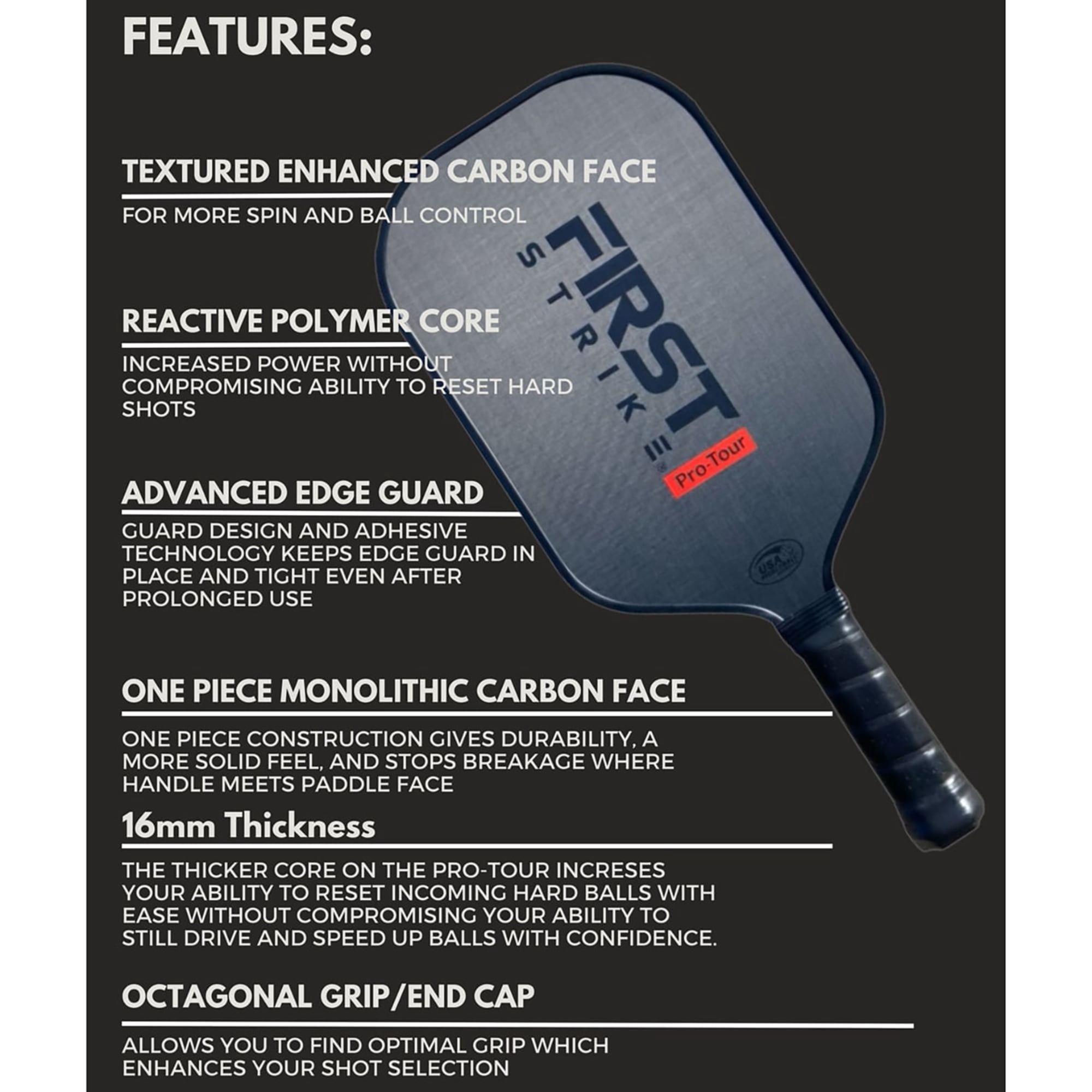 First Strike Pickleball: Pro-Tour Pickleball Paddle - Elongated, 16mm Thick Polymer Core, Carbon Fiber Surface, Advanced Edge Guard, 4 3/8" Grip, Gear