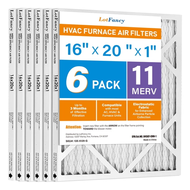 LotFancy Filtros de Aire 16x20x1, Filtros de Aire para Horno HVAC 11 Plisados, Paquete de 6
