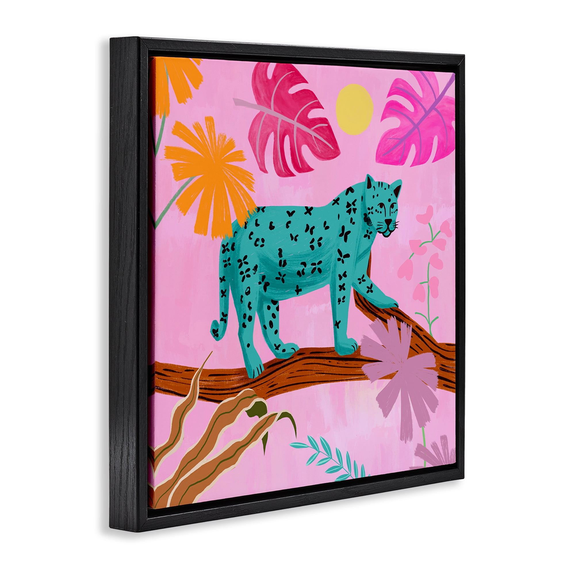 Stupell Industries Patterned Leopard on Branch Animals & Insects Painting Black Floater Framed Canvas Art Print Wall Art, 18 x 18