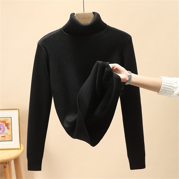 Suéter grueso de cuello alto para mujer, Jersey de punto cálido forrado de terciopelo, Tops ajustados, Jersey básico femenino, Invierno